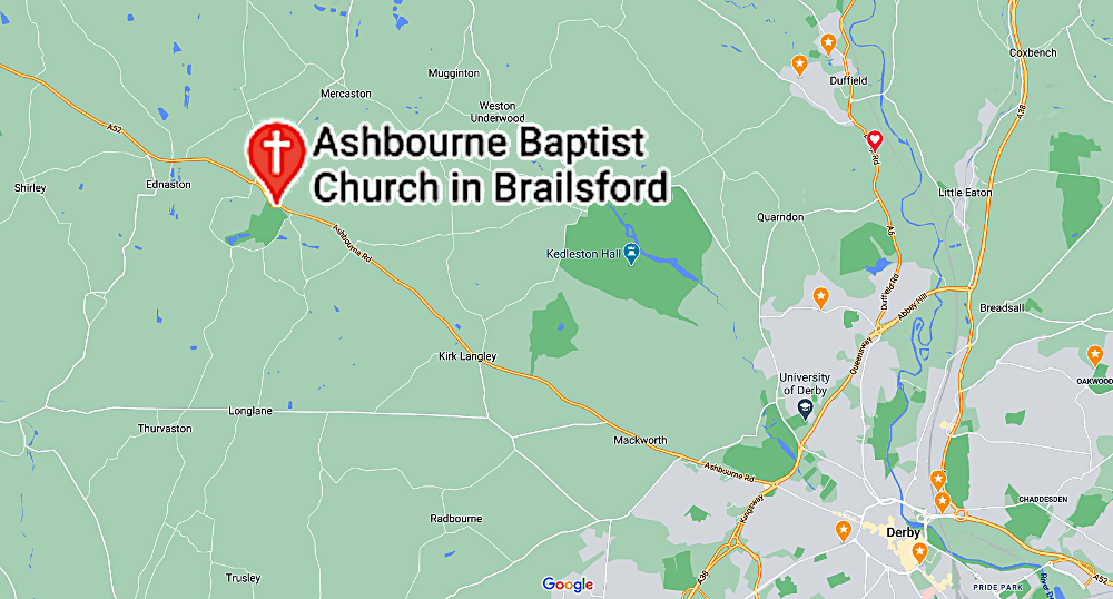 Map and route planning link for Ashbourne Baptist Church in Brailsford, Ashbourne, Derbyshire